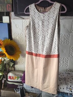 Anne Klein White Lace Top Midi Dress with Peach Skirt and Coral Waistband